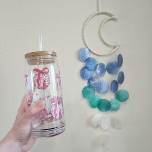 Coquette Disco Ball 20 oz Glass Tumbler Cup Pink Ribbon Coffee Matcha Tea